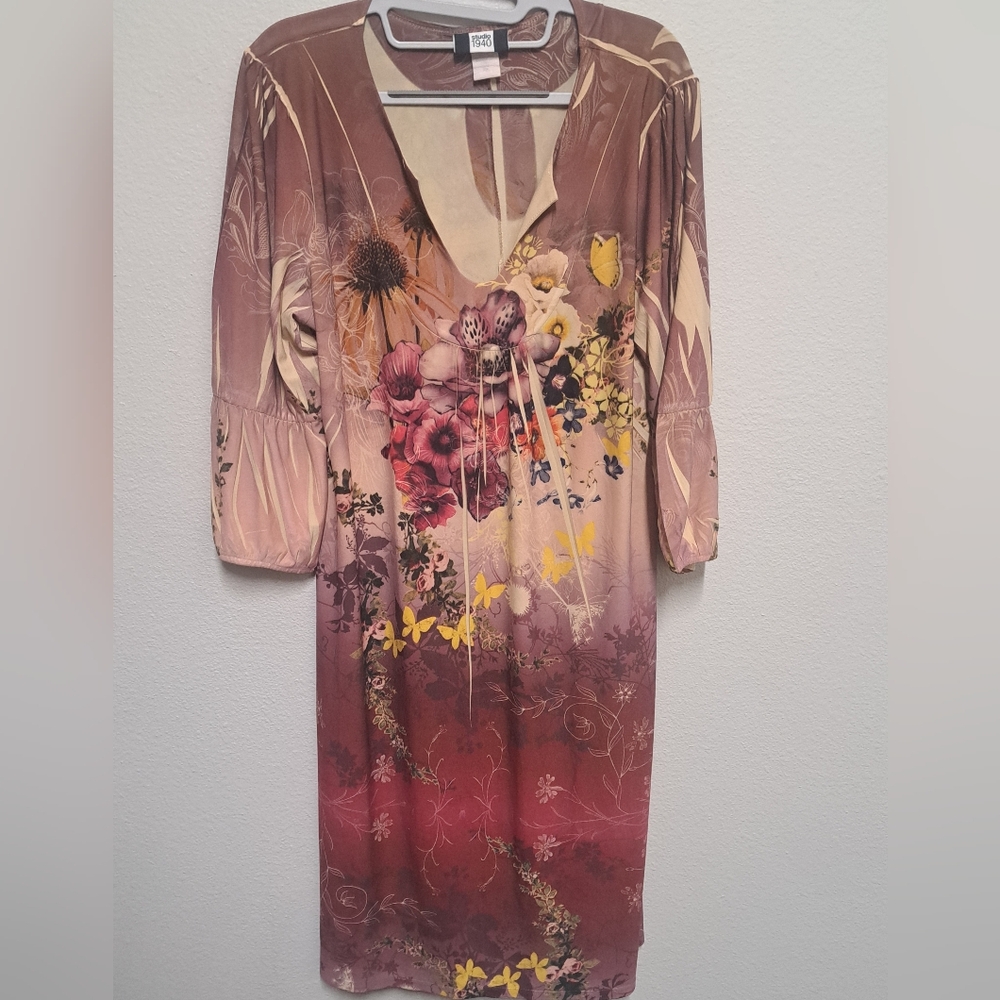 Studio 1940 Floral Midi Dress Large Boho Butterfly Print Made USA 3/4 Sleeve